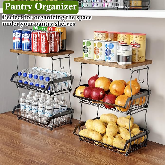 OKZEST 3-Tier Fruit Basket Fits Between Countertop & Upper Cabinet, 16.8" H | Includes wood top & banana hangers, Stackable kitchen countertop organizer, Holds potato, onion, bread, snack, fruit, veggie