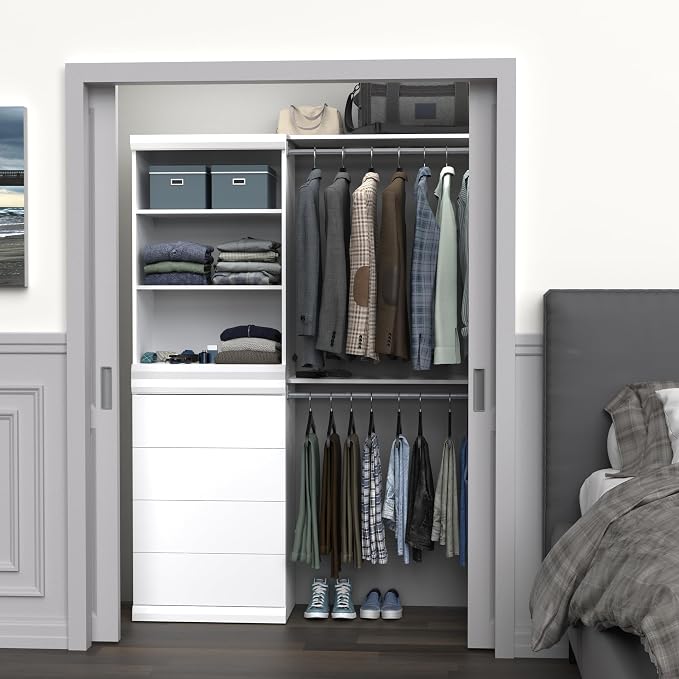 ClosetMaid Mosaics Storage Organizer Kit Includes; (1) 3-Shelf Unit, (1) 4-Drawer Unit, and (2) Shelf & Rod Units, White