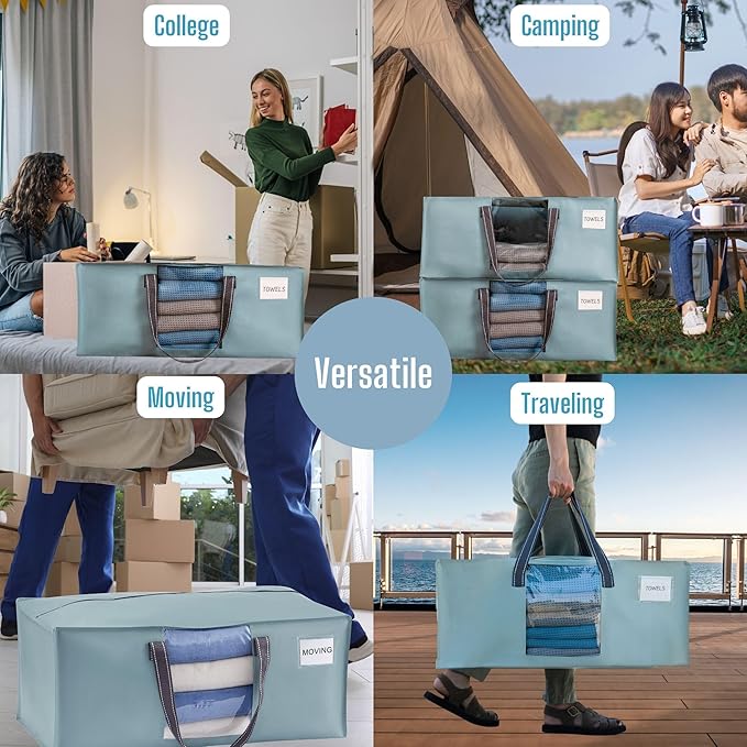 VENO 6 Pack Heavy Duty Moving Bags, Christmas Storage Bins with Lids, Transparent Window Design, Alternative to Moving Boxes, Storage Bags for Clothes, Blankets, Comforters (Light Blue Matte, 6 Pack)