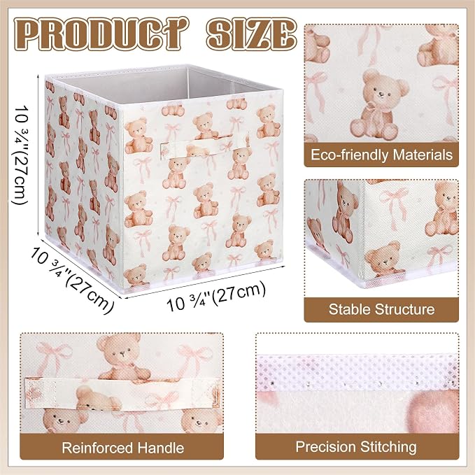 Geelin 6 Pcs Pink Bow Teddy Bear Cube Storage Bins 11 Inch Storage Basket with Handle, Preppy Girls Organizer Basket, Collapsible Fabric Box for Classroom Bedrooms Office Home Decoration Gift