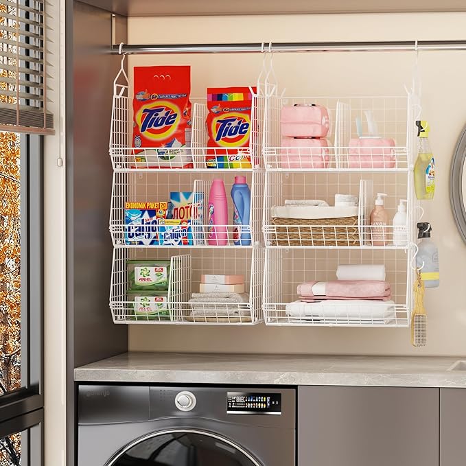Jautokerdar 4 Tier Extra Large Hanging Closet Organizer,Closet Organizer Hanging with 5 S Hooks 4 Dividers,Clothes Organizer Clothing Sweaters Clutches Handbags Hats Accessories-White