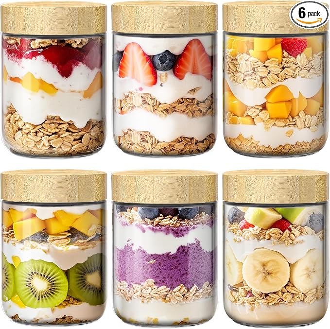 16 oz Overnight Oats Containers with Bamboo Lids, Glass Mason Jars 6 Pack | Airtight Seal Keeps Leakproof, Wide Mouth for Easy Filling & Cleaning, Ideal for Chia Pudding, Yogurt Parfaits & Meal Prep