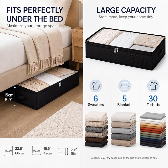 Fixwal Black Underbed Storage Bags with Clear Window and 2 Reinforced Handles Under Bed Storage Containers for Clothing, Bedding, Comforter (2 Pack)