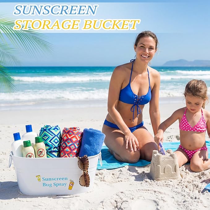 Blulu Sunscreen Bug Spray Storage Bucket Metal Poolside Basket Above Ground Pool Bin Summer Basket Outdoor Storage for Sunscreen Goggles Flip Flop Spf Swimming Camping Beach Accessories Decor(White)