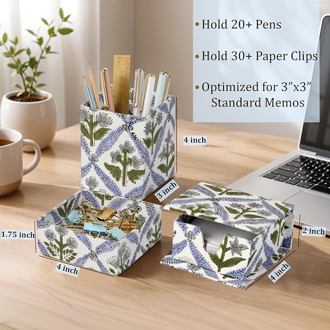 Ridhi Light Steel Blue Block Print Handmade Office Desk Organizer Pen and Sticky Note accessories Holder Cute, Aesthetic, Decor workspace Caddy Gift for Office, Teachers, Professionals, Students