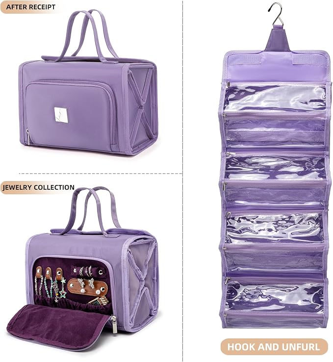 ROYALFAIR Roll Up Makeup Bag, Waterproof Toiletry Bag for Women, Hanging Travel Organizer bags with Jewelry Organizer Compartment, Extra Large 4 Clear TSA Approved Pouches Cosmetic Makeup (violet)