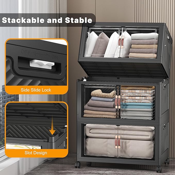 UAMFURI Stackable Storage Bins with Lids, Extra Large Plastic Organizer Cabinet Drawers, 336QT Collapsible Closet Containers with Doors and Wheels,For Bedroom, Kitchen, Office, Garage,(3Pack Cube)