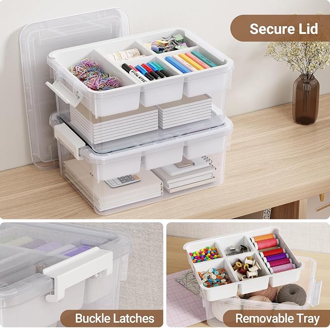 20Qt Stackable Storage Bin with Lid & Tray, Clear Plastic Latching Box Organizer with Divider Portable 5Gal Container for Arts & Crafts, Home and Car Trunk Organization, 1Pack