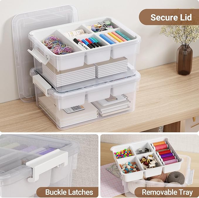 80Qt Stackable Storage Bins with Lids & Trays, Clear Plastic Latching Boxes Organizers with Dividers Portable 20Gal Containers for Arts & Crafts, Home and Car Trunk Organization, 4Pack