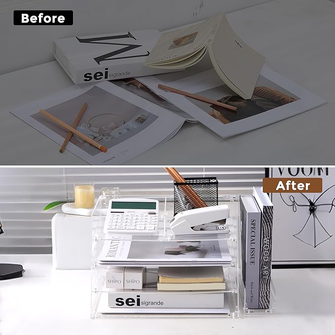 Acrylic Desk Organizer - 4-Tier Tray with Vertical File Holder for Books, Stationary, Letter, Magazines, Documents, and File Organizer - Durable Space Saving Storage, For Home and Office