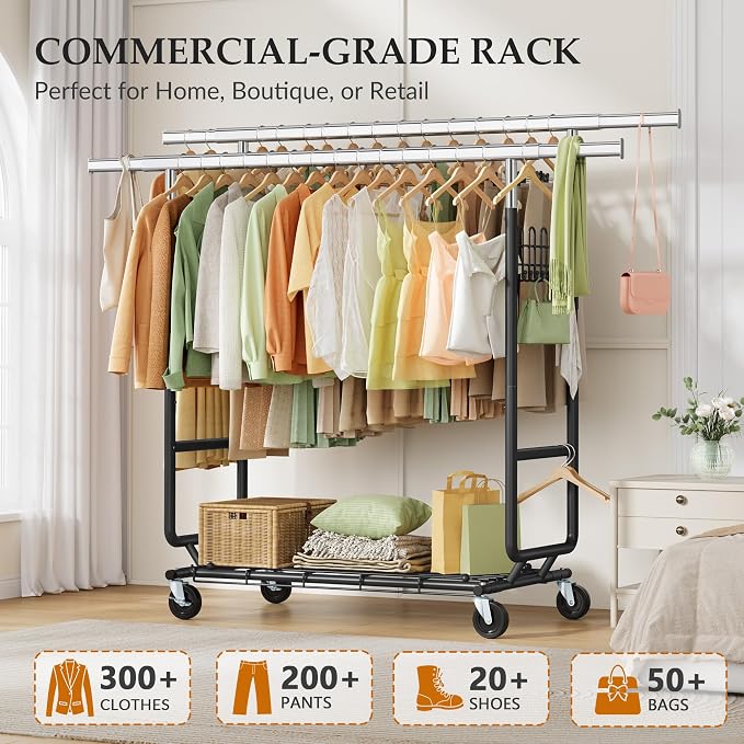 Gewudraw Clothes Rack Heavy Duty Load 900 Lbs With Wheels, Double Rod,Black | Rolling Clothing Rack, Adjustable Height, Extendable Rod, Portable, Collapsible, Shelf, Hooks,for Wardrobe,Bedroom,Commercial