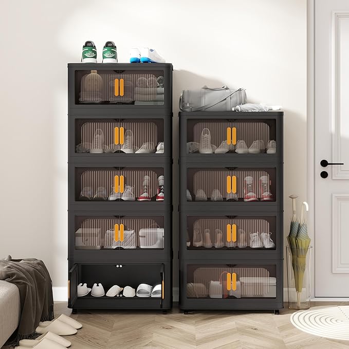 Foldable Storage Cabinet，Plastic Cabinet，Stackable Storage Bins， Open Front with Magnetic Door and Wheels(Black - 4Tiers)