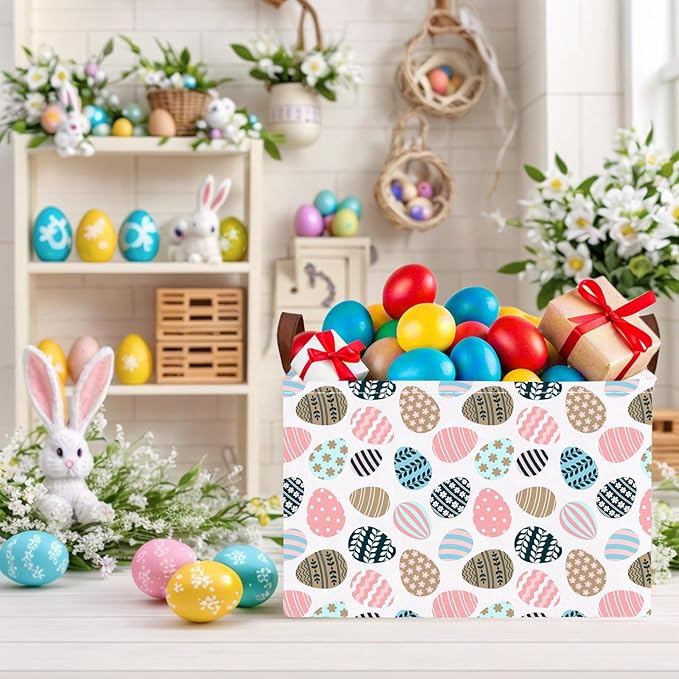Large Cute Easter Basket for Kid Empty Gift Baby Rectangle Storage Bin Bunny Eggs Boy＆Girl Room Décor (Retro Art Easter Egg)