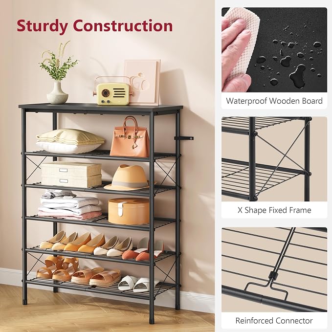 Tajsoon 6 Tier Shoe Rack for 20-24 Pairs of Shoes, Black | X Shape Fixed Frame, Metal Mesh Shoe Shelf, Industrial, For Closet, For Entryway Shoe Storage