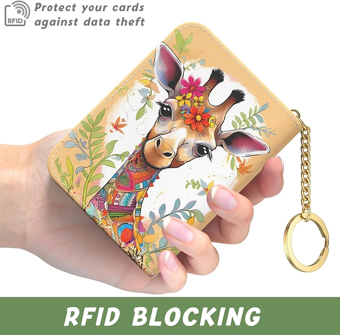 Aiawoxc Credit Card Holder, Small RFID Wallet Slim Leather Card Organizer Case with Zipper and Keychain, Cute Deer