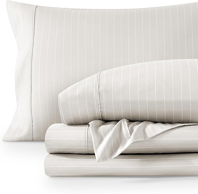 Bare Home Twin Sheet Set - Luxury 1800 Ultra- Soft Double Brushed Microfiber - Deep Pockets - Easy Fit - 3 Piece Bedding Sheet Set (Twin, Pinstripe - Stone/White)