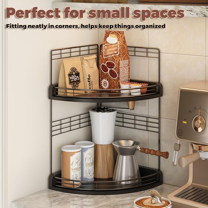Bathroom Countertop Corner Organizer for Small Spaces, 2-Tier Counter Shelf | Oak Wood & Iron, Fan-Shaped Counter Shelf for Sink & Vanity Corners, Skincare, Toiletries, Compact Vertical Storage, Black