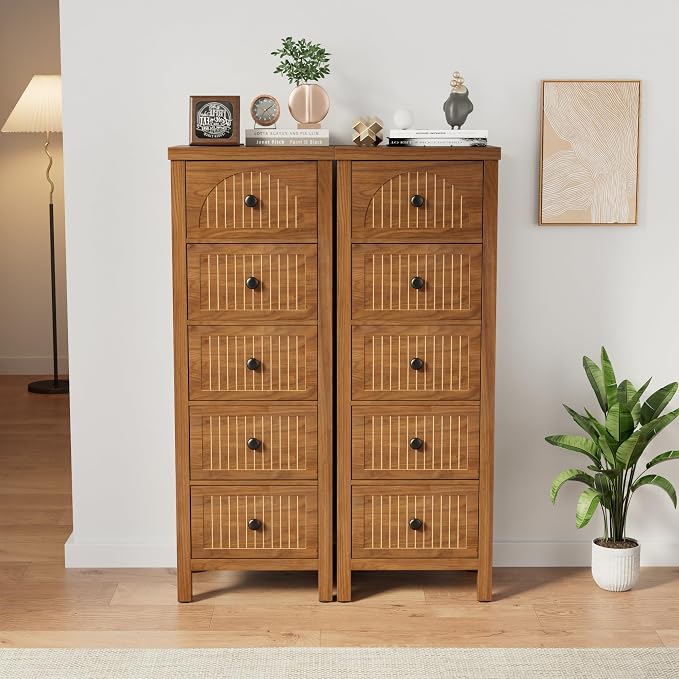 Lxsxlome 5 Drawer Dresser for Bedroom,Modern 44.68'' Tall Wood Chest of Drawers, Storage Organizer with Fluted Panel & Anti-Tip Kit for Closet, Hallway, Living Room,Nursery (Walnut, 5 Drawers)