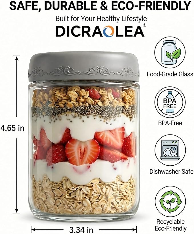 16oz 8Pack Glass Overnight Oats Jars Containers with Airtight Leakproof Lids, Reusable Mason Jars for Meal Prep, Yogurt Parfaits, Smoothies, Salads & Healthy Breakfast(16oz-8Pack)