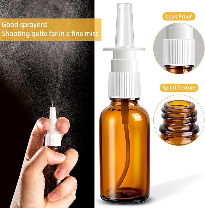 60 Pcs Nasal Spray Bottle Empty, Brown Glass Refillable Fine Mist Nasal Spray Bottles with 12 Funnels and 12 Labels (30ML/1oz)