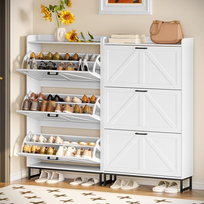 Wodeer Shoe Cabinet Storage for Entryway, Shoe Storage Cabinet with 3 Flip Drawers, Freestanding Narrow Shoe Rack Organizer with Metal Legs & Side Hook for Foyer, Hallway, White