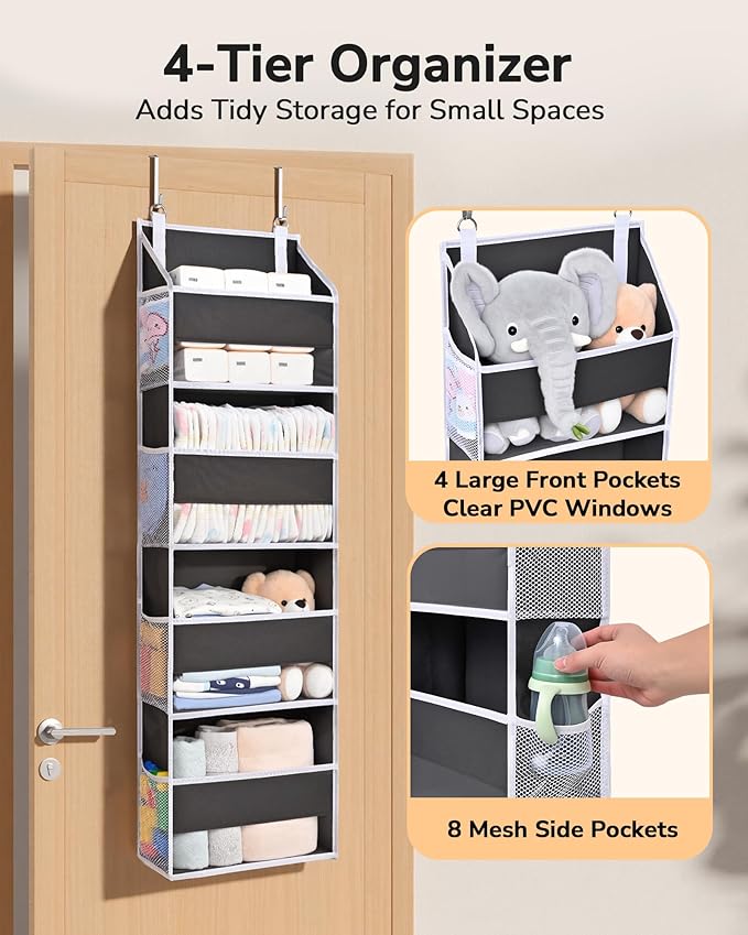 ULG 2 Pack Small Over Door Organizer with 4 Large Pockets 8 Mesh Side Pockets, Hanging Storage Organizer with Clear Window Kids Toys Deep Gray