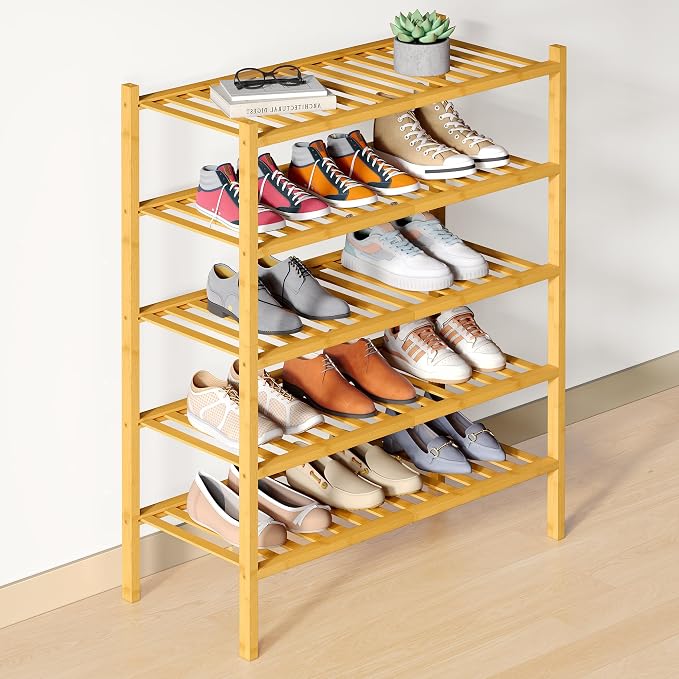 Smiry Bamboo Shoe Rack for Closet, 5 Tier Wooden Shoe Organizer, Stackable Wood Shoe Storage Shelf for Entryway, 14 Vertical Slats, 2+3 Stack Heavy-Duty Legs, 26.77"x11.02"x31.3", Natural