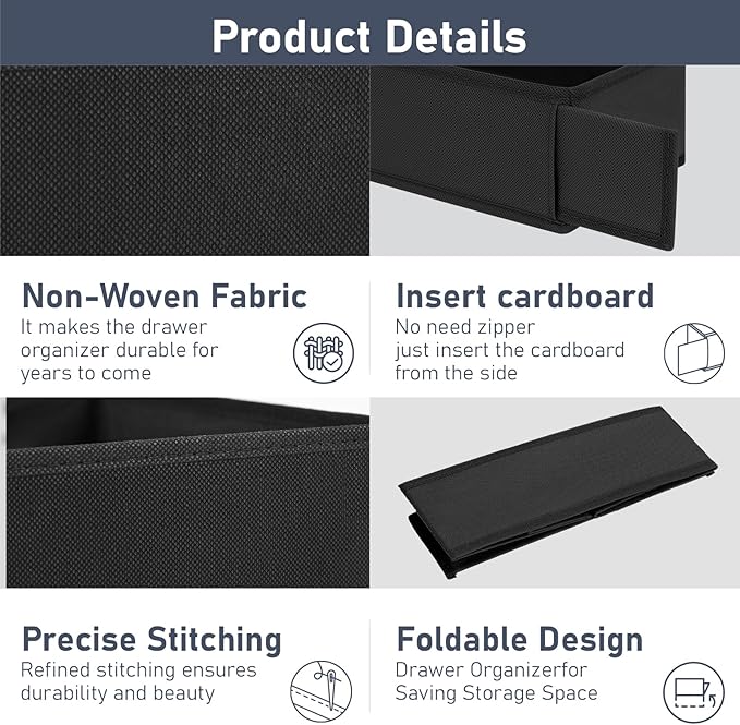 DIMJ Drawer Organizer Clothes - Underwear Organizer Small Sock Organizer Closet Organizers and Storage Box Dresser Drawer Dividers for Baby Clothes,Bra,Socks, Belt, Tie, Set of 12, Black