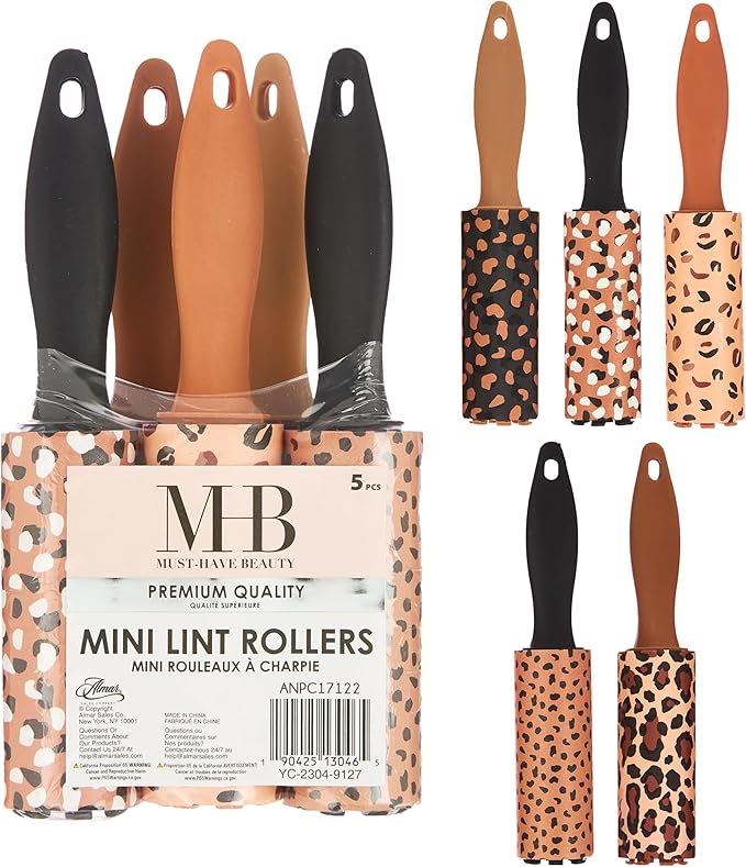 5pc Brown Mini Lint Roller Value Pack - Colorful Compact Rollers for Travel | Pet Hair & Lint Remover for Clothing & Household Use. Portable On-the-Go Lint Removers
