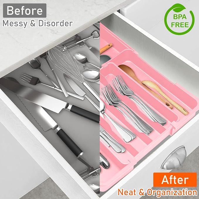 Spaclear Silverware Organizer - Expandable Silverware Drawer Organizer, Adjustable Drawer Organizer, Silverware Tray for Drawer 15.2"x 19" Utensil Drawer Organizer, Kitchen Organizers Storage, Pink