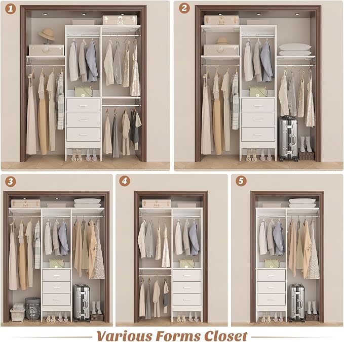Besiost 4FT Small Closet System with 3 Fabric Drawers, 48'' Closet Organizer System With 3 Adjustable Shelves, Flexible Built-In Clothes Garment Rack for Small Space, 48" L x 13" W x 71" H, Pure White