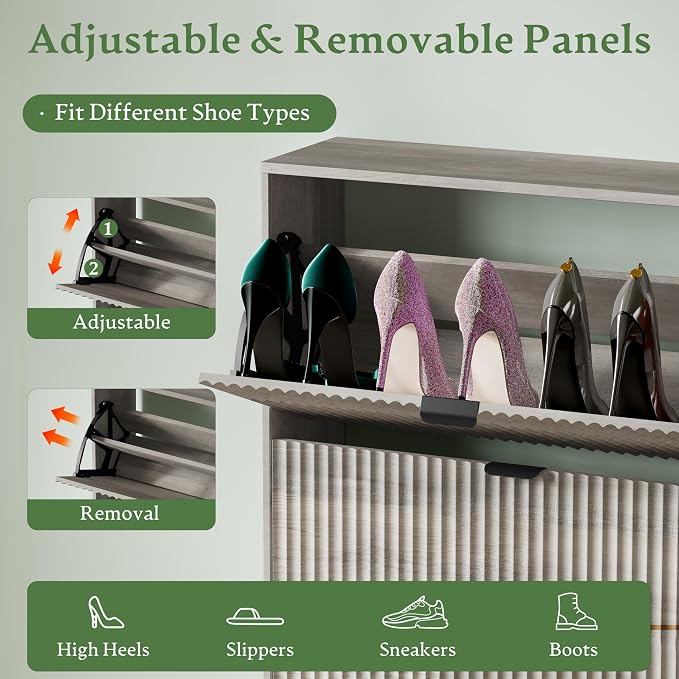 Xixini Shoe Storage Cabinet for Entryway with 3 Flip Drawers & Bench, Slim Wood Shoe Organizer with Modern Fluted Panel, Freestanding Narrow Shoe Rack for Front Door Entrance, Hallway, Foyer, Grey