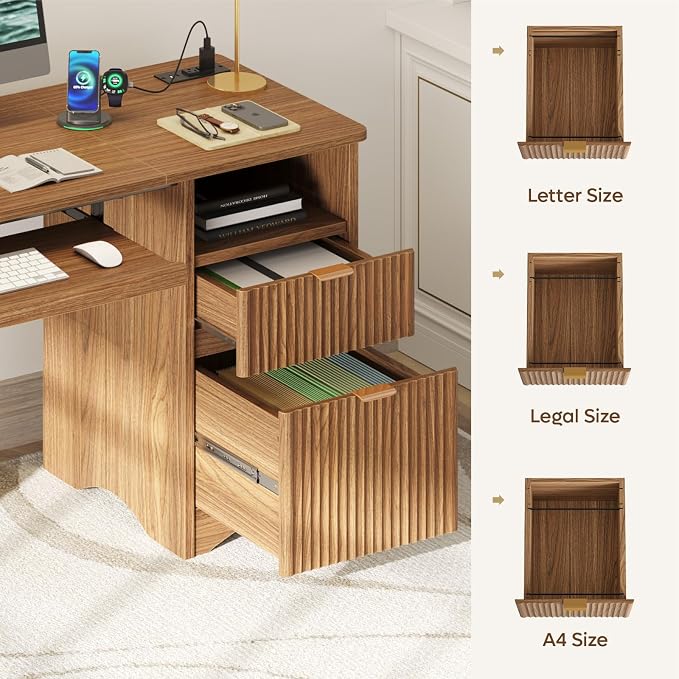 Bestier Computer Desk with Drawer, 55 inch Office Desk with Power Outlet, Modern Home Office Desk with Keyboard Tray (55" W with Single-Sided Drawers)