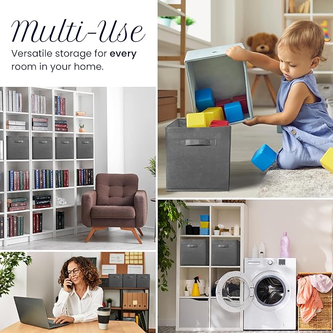 Reli. 13x13x13 Storage Cube Bins (4 Pack) | Dark Gray | Fabric Cube Storage Organizer | 13x13 Collapsible, Foldable Fabric Cubby Box (Square) | Bedroom, Office, Home Organization