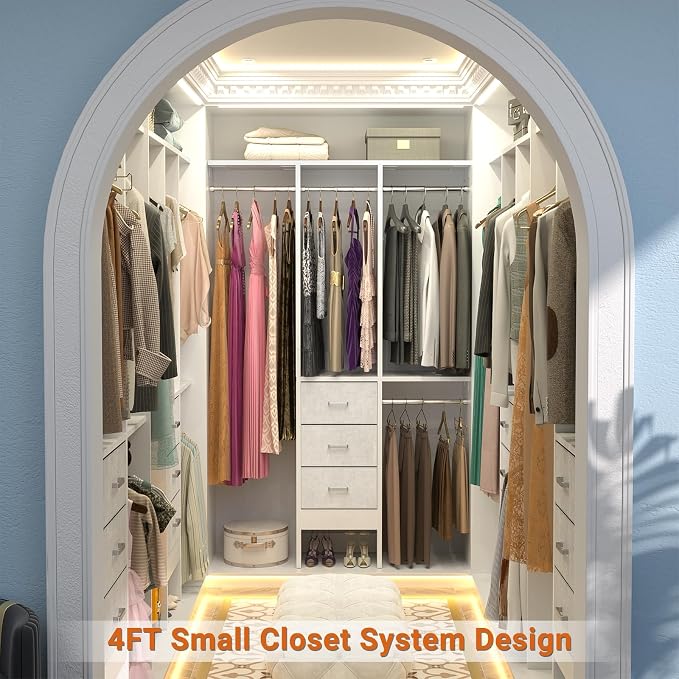 Besiost 4FT Small Closet System with 3 Fabric Drawers, 48'' Closet Organizer System With 3 Adjustable Shelves, Flexible Built-In Clothes Garment Rack for Small Space, 48" L x 13" W x 71" H, Pure White