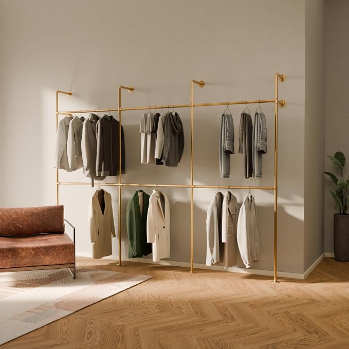 pamo Industrial Clothing Rack Wall Mounted Gold – 117" W × 87" H, 880 lbs | Heavy Duty Pipe Closet System in Gold Powder Coated Steel, Scratch-Resistant, Double Rod, Easy Assembly