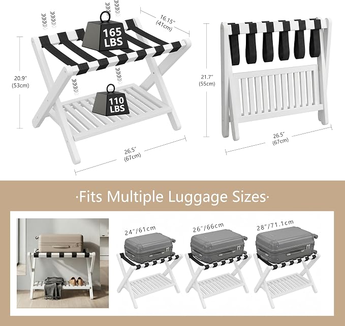 Heybly Luggage Rack for Guest Room,Bamboo Folding Luggage Stand & Suitcase Holder,Suitcase Stand, 5 Heavy-Duty Straps,Holds up to 165 Lbs, Heavy Duty Luggage Rack for Bedroom Hotel, White, HLR013W1