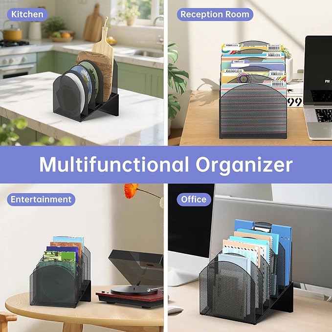 File Organizer for Desk, 5-Section Mesh Mail Holder, Black | Mesh file organizer for desk, mail organizer and folder holder for A4/letter papers, notebooks, binders and office supplies