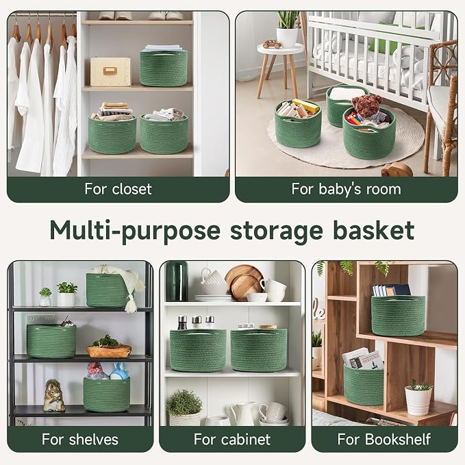 Small Rope Baskets for Storage, Baskets for Gifts Empty, Cute Round Woven Basket, Decorative Shelf Baskets 9.82×9.82×7.1", Cotton Toy Basket Storage Bins for Organizer 3 Packs Green