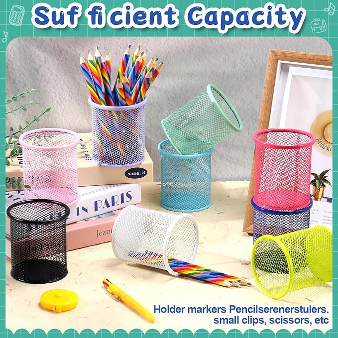 Pasimy 9 Pack Metal Pen Holder, Colorful Mini Pencil Cup Desktop Round Mesh Pencil Bucket Makeup Brush Organizer for Classroom School Office Stationery Supplies