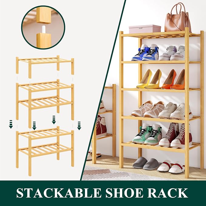 Smiry Small Bamboo Shoe Rack, 4 Tier Free Standing Wooden Shoe Organizer, Stackable Wood Shoe Storage Shelf for Closet, Entryway, 12 Vertical Slats, 2+2 Stack Standard Legs, 17.3"x11"x26", Natural