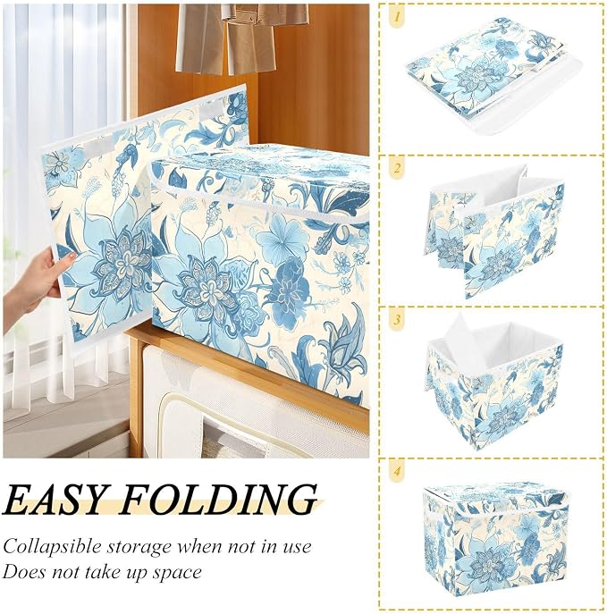Blue Line Flowers Lidded Storage Bins with Handles - 16.5"x12.6"x11.8" Foldable Organizing Box, Oxford Fabric & Honeycomb Board, Dust-Proof Flip Lid for Closet/Office