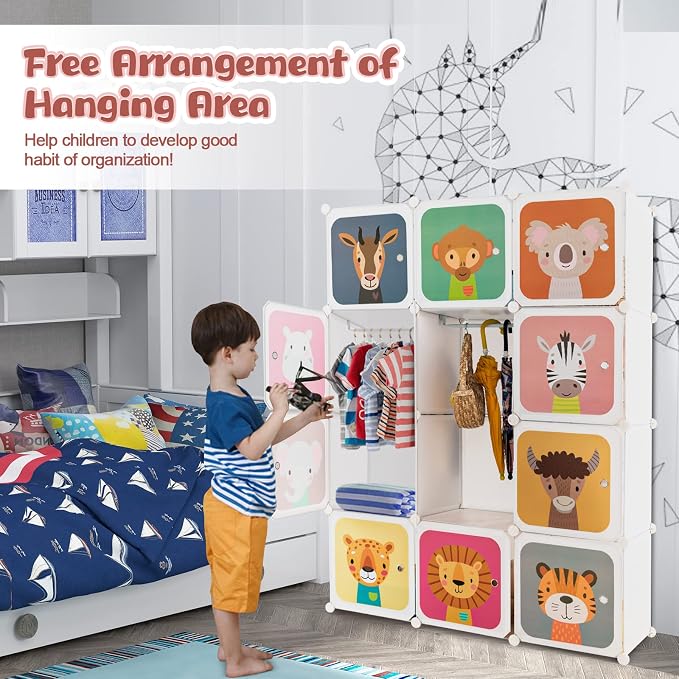 Costzon Kids Closet, Cartoon DIY Modular Dresser Storage Organizer with 12 Cubes & 2 Clothes Hanging Rack, Portable Armoire for Baby Toddlers, Kids Wardrobe for Bedroom Nursery (White)