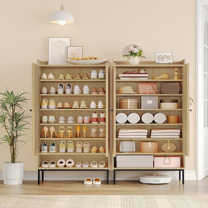 Hzuaneri Shoe Cabinet with Doors, 7-Tier Shoe Storage Cabinet with Adjustable Shelves, Wooden Shoes Organizer Cabinets with Top Storage Layer, 28-32 Pairs, for Entryway, Hallway, Rattan SR68702Y