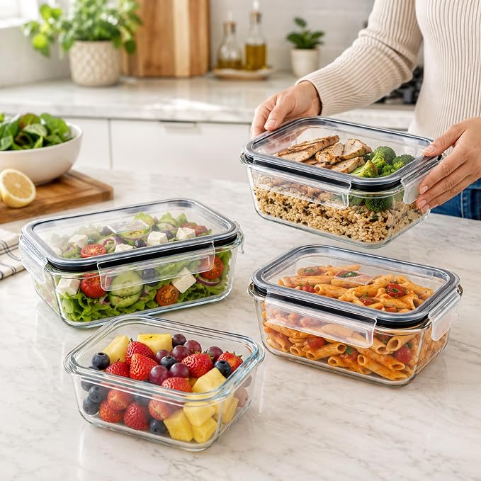 Sorbus Glass Meal Prep Containers Set – Freezer, Dishwasher, Oven Safe – Reusable Food Storage Bowls, 4 Cup Capacity for Meal Prep and Storage (4 Rectangular Vented Lid)