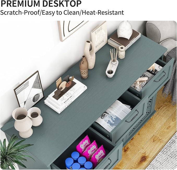 Green 3 Doors 3 Drawers Buffet Sideboard Cabinet - Accent Cabinet with Adjustable Shelves，47 Inch Wide Wood Storage Cabinets for Dining Room,Living Room and Kitchen