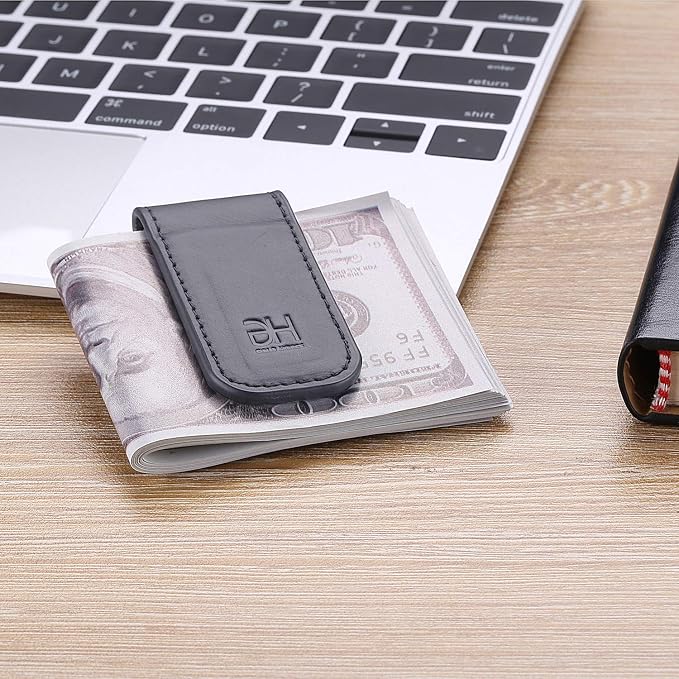 GH GOLD HORSE Slim Magnetic Money Clip Genuine Leather Business Card Holder for Men (Grey)