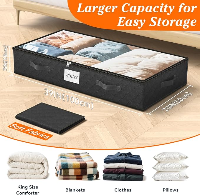 SpaceWhisper 90L Under Bed Storage Containers, 6-Pack Storage Bins with Clear Top, Foldable Closet Organizers and Storage with Label Holder for Clothing, Blankets, Comforter & Pillows(Black)