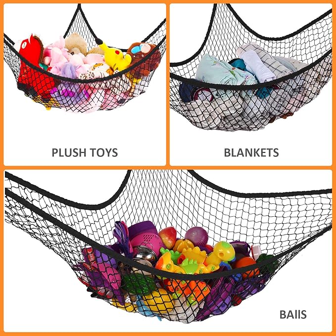 Toy Hammock for Stuffed Animals, Stuffed Animal Hammock Net Jumbo Plush Toy Storage Cornet Net 70" Wall Sling Large Teddy Bear Mesh Toy Net Organizer Black