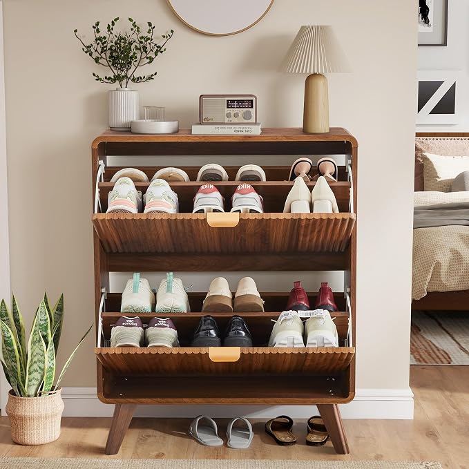 RARZOE Fluted Shoe Cabinet for Entryway, 27.5''Walnut | Narrow Curved Shoe Storage Cabinet with 2 Flip Drawers, Slim Shoe Rack Organizer for Foyer, Hallway, Fits Size 11 Shoes